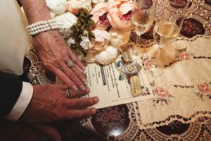 Wedding Rings Hands Invitation Flowers
